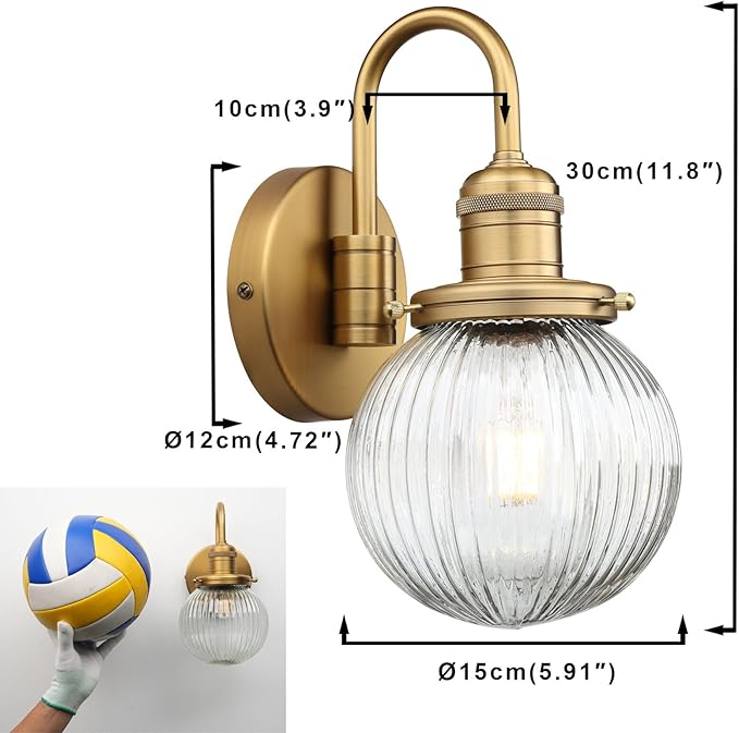 Yosoan 1-Light Brass Modern Vintage Indoor Wall Sconce, Vanity Single Luxury Hardwired Retro Textured Striped Globe Round Clear Glass Shade with Industrial Curved Rod Bathroom Lamp(Antique)