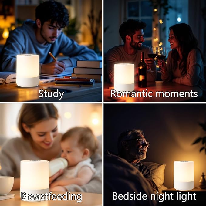 Touch Bedside Lamp, Portable Night Light, 3-Color Dimmable LED, USB Rechargeable Cordless Table Lamp for Bedroom, Nursery, Camping (A-Light-Touch)