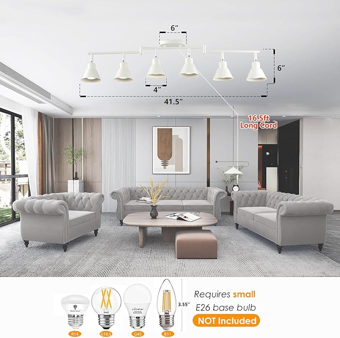 6 Light Plug in Track Lighting Kit,Modern Plug in Ceiling Light Fixture,16.4ft Cord,6 Way Ceiling Spot Lighting,Flexibly Rotatable Light Head (White)