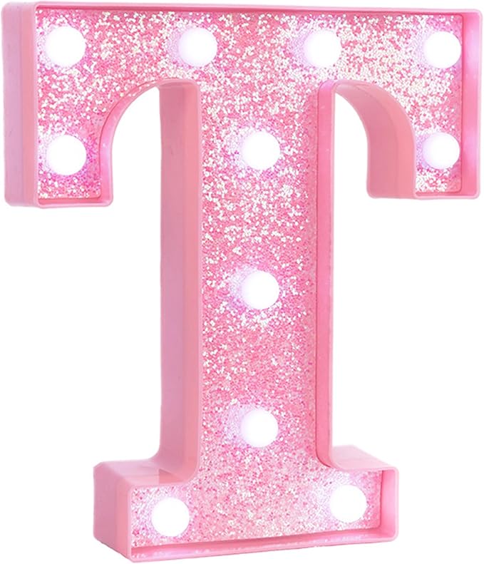 Pink Marquee Light Up Letters, Glitter Alphabet LED Letter Lights for Pink Birthday Party Decorations, Battery Operated Letter Sign for Girls Room Vanity Table Decor, Cool White Lights Letter T