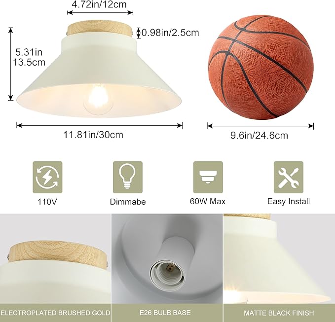 2 Pack Modern Flush Mount Ceiling Light, 11.8'' Cream White Metal Ceiling Light Fixtures with Natural Wood Accent, Farmhouse Semi Flush Mount Light Fixtures for Kitchen, Hallway, Entryway, Bedrooms