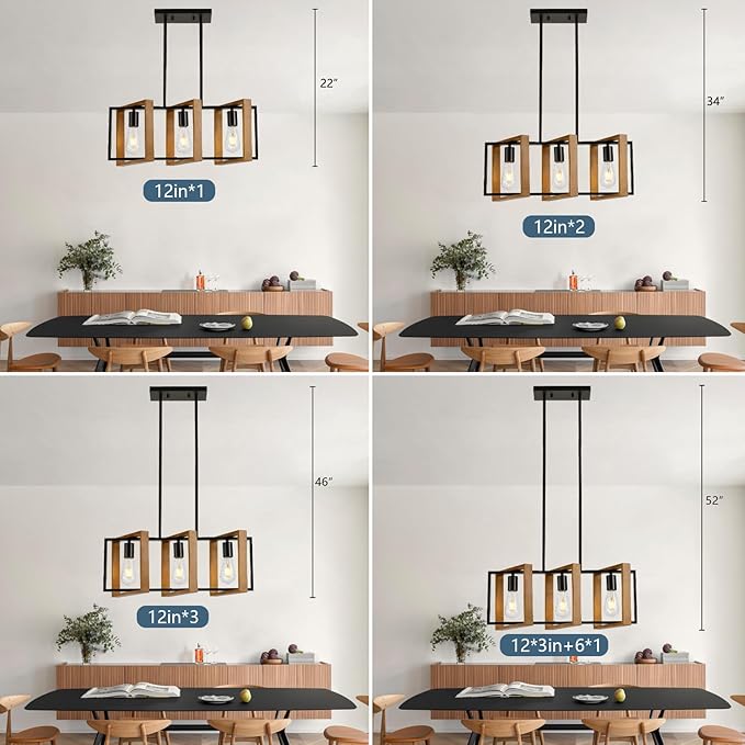 23.6" Kitchen Island Lighting,3 Lights Dining Table Chandelier, Rectangle Island Light for Dining&Living Room, Foyer Hallway,E26, Wood Frame.