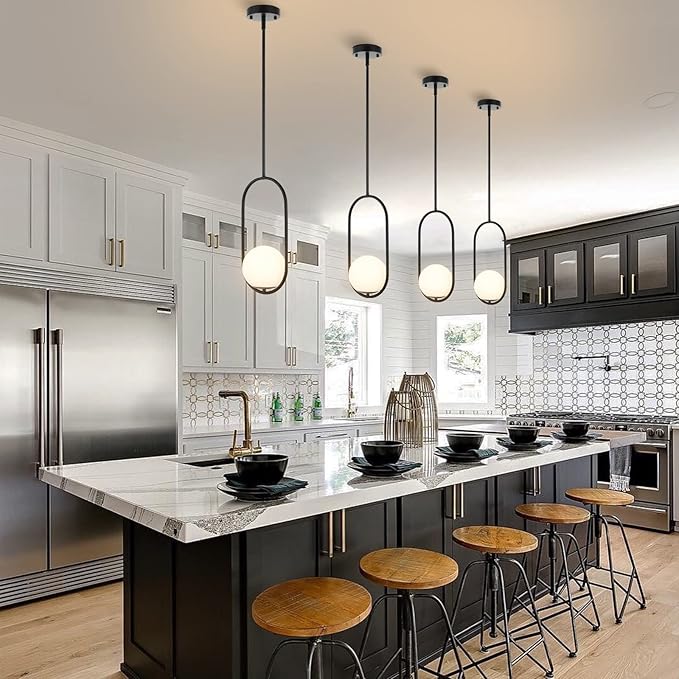 BYOLIIMA Modern Globe Pendant Light Mid Century Chandelier 1-Light Matte Black Ceiling Hanging Lighting Fixture with White Globe Glass Shade for Kitchen Island Dining Room Bedroom