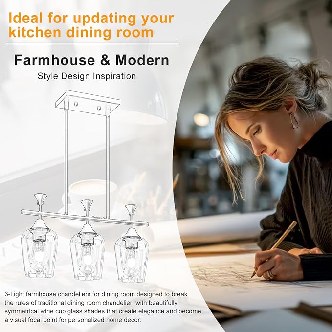 21.2" Dining Room Light Fixture/Chandelier Over Table, 3-Light Brushed Gold Kitchen Island Lighting with Clear Glass Shade, Modern Hanging Pendant Lights Fixture for Kitchen Island, Dining Room, Bar