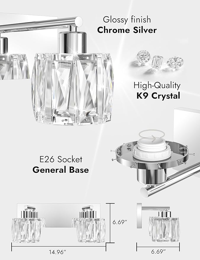 VOLISUN Crystal Vanity Lights - 2 Light Modern Stainless Steel Bathroom Light Over Mirror, Chrome Finish - UL Certificated (Exclude Bulb)