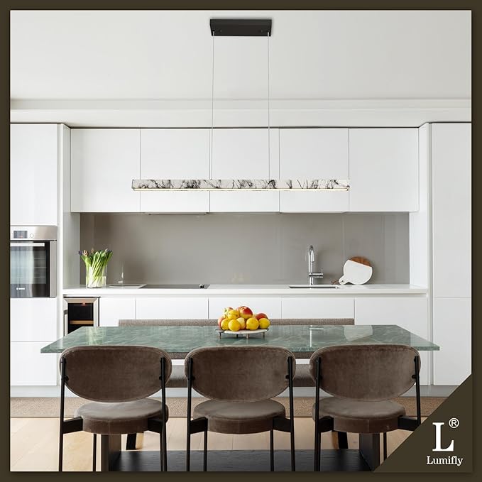 39” Linear Pendant Lights for Kitchen Island, Modern LED Chandelier for Dining Room, Dimmable Hanging Light Fixture with Remote for Office Pool Table, Marble Pattern