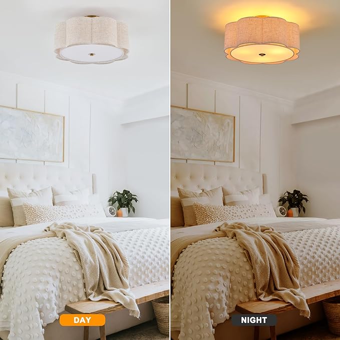 Semi Flush Mount Ceiling Light, Beige Linen Fabric Shade Ceiling Light, Golden Modern Farmhouse Close to Ceiling Light for Bedroom, Hallway, Living Room, Dining Room, Laundry Room