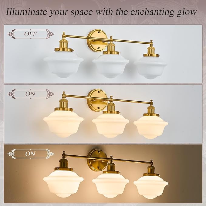 VitaLink 29.5" Bathroom Vanity Light, 3-Light Vintage Golden Bathroom Wall Light Fixtures Hardwired Milk White Glass Wall Sconces for Bedroom Living Room Hallways