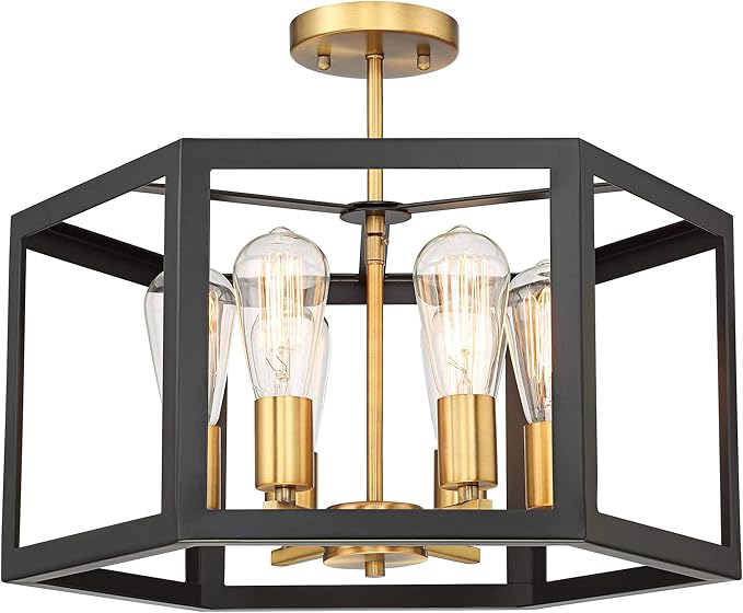 Possini Euro Design Beni Industrial Rustic Farmhouse Ceiling Light Semi Flush-Mount Fixture 20" Wide Antique Bronze Gold 6-Light Open Pentagon Frame for Bedroom Kitchen Living Room Hallway Dining