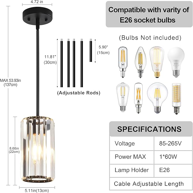 3-Pack Matte Black Pendant Light Fixtures, Crystal Kitchen Pendant Lighting Over Island,Mini Modern Pendant Lights for Kitchen Island, Dining Room, Hallway, Foyer, Entryways