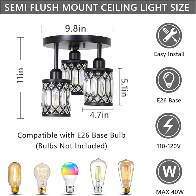 Semi Flush Mount Ceiling Light,3-Light Modern Crystal Close to Ceiling Light Fixtures, Black Kitchen Light Fixtures with Clear Crystal Shade,Hallway Light Fixtures for Hallway Bedroom Bathroom
