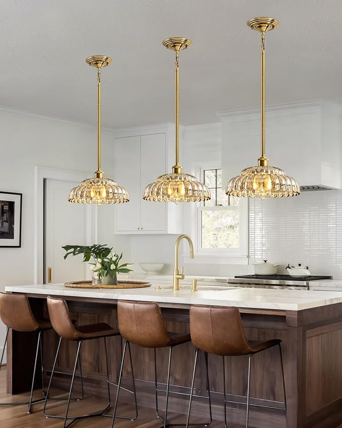 Elegant Amber Glass Pendant Lamp with Gold Base, Modern Chic Lighting Fixture for Living Room, Bedroom, and Office