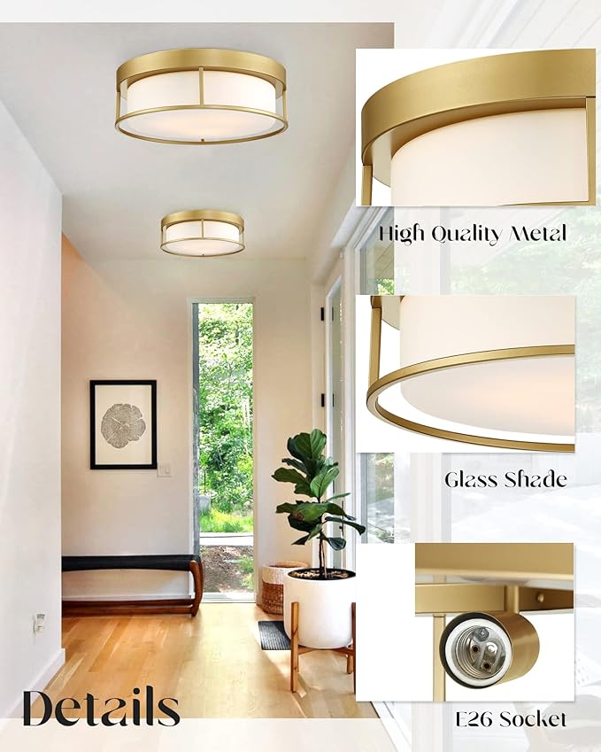 Ceiling Light, 15 Inch Flush Mount Ceiling Light Fixture, Gold Finish with Opal Frosted Glass, Round Close to Ceiling Lights for Bedroom, Kitchen 6871LFM-GD-15