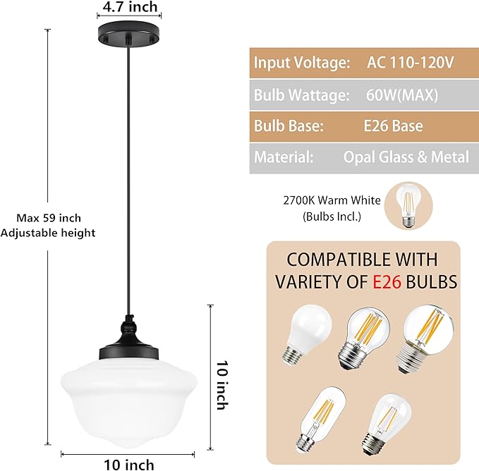 Bagood 10" Black Schoolhouse Light Fixture Milk Glass Pendant Light Schoolhouse Pendant Light Milk Glass Light Fixture Mid Century Modern Ceiling Light for Bedroom Bathroom Kitchen Island (Bulb Incl)