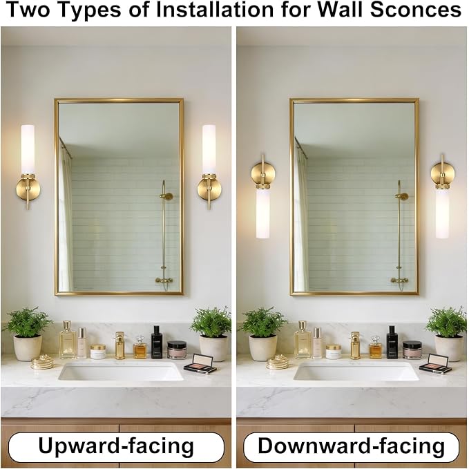 LaLuLa Wall Sconce Set of 2, Vanity Lights for Bathroom, Modern Brushed Gold, Knurled Detail, Frosted Glass Cylinder Shade, E26 Base, Hardwired, Up or Down Mount, Gold Wall Sconces for Hallway Bedroom