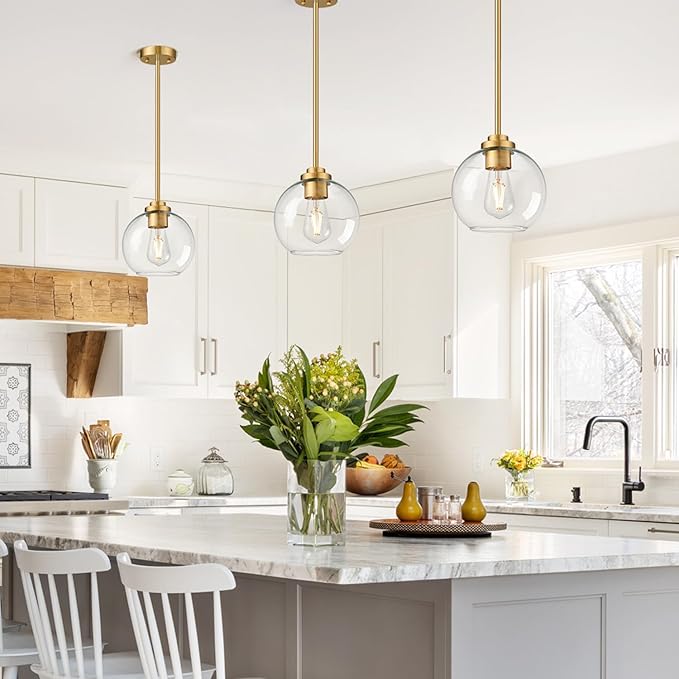 2 Pack 7.2-Inch Globe Pendant Lights, Mid Century Gold Pendant Light Fixtures, Globe Pendant Lights Kitchen Island with Clear Glass Shade Adjustable Hanging Fixture for Dining Room Bulbs not Included