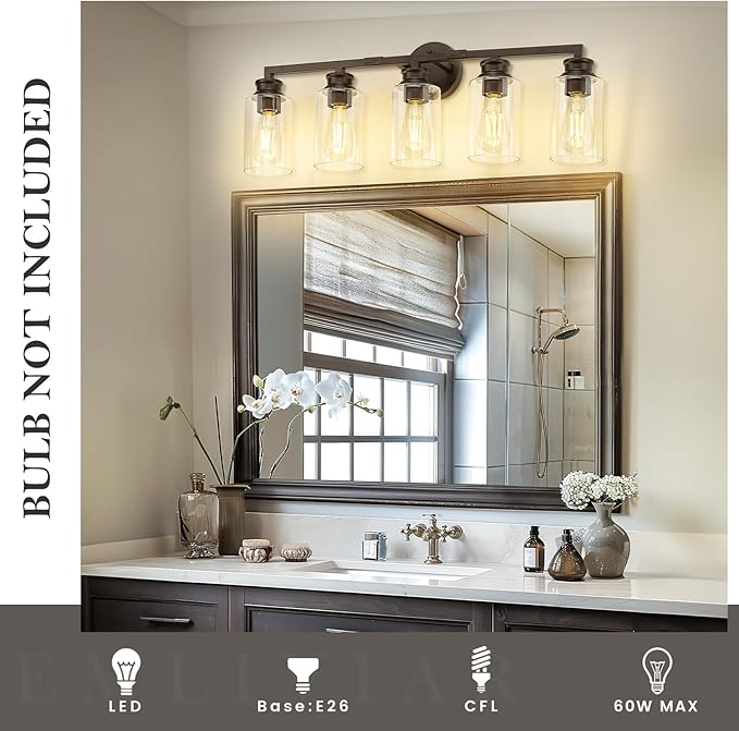 Emliviar Large 5-Light Vanity Light Fixture for Bathroom, Modern 30 Inch Sconce Wall Lighting with Clear Glass Shade, Oil Rubbed Bronze Finish, YCE253B-5W ORB
