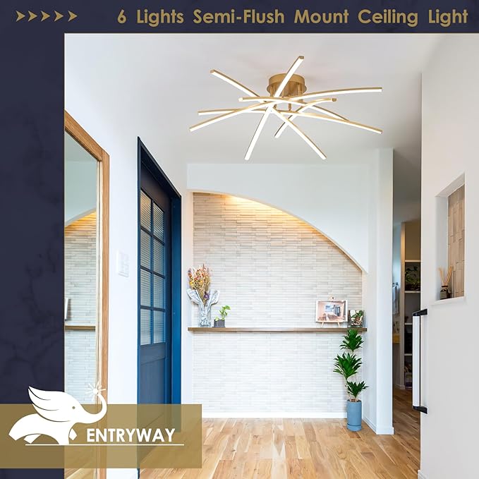 Gold LED Chandelier Semi Flush Mount Ceiling Light, 65W Remote Control Ceiling Lighting Fixture for Living Room Dining Room Kitchen Bedroom 32.8” Close to Ceiling Light Dimmable 3000K-6000K