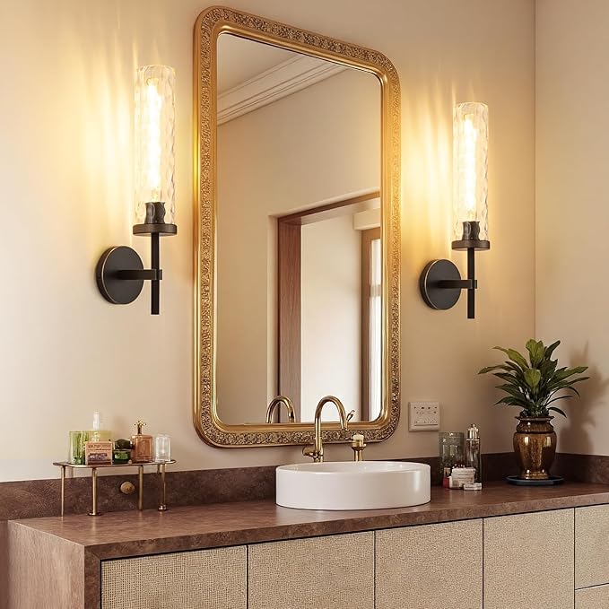 19.5" Knurled Brass Wall Sconce with Water Ripples Glass Tube, Black Gold Bathroom Vanity Light Fixtures, Modern Lamp Lighting for Bedroom, Living Room, Hallway, Staircase, Mirror, Kitchen