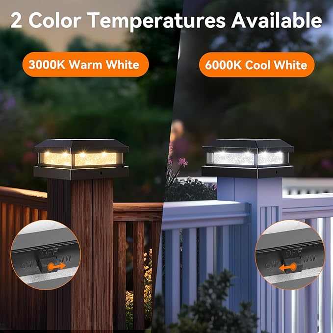 Brightever 4x4 Solar Post Cap Lights Outdoor 6 Packs, Waterproof Solar Powered Deck Post Lights for5x5 Wooden/Vinyl, Black Fence Lights with 16LEDs Warm White/Cool White for Outdoor Decoration