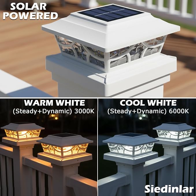 SIEDiNLAR Solar Post Lights Outdoor 4 Modes Fence Deck Post Cap Light for 4x4 5x5 6x6 Vinyl Wooden Posts Garden Patio Decor, Warm White & Cool White Dynamic Lighting White (8 Pack)