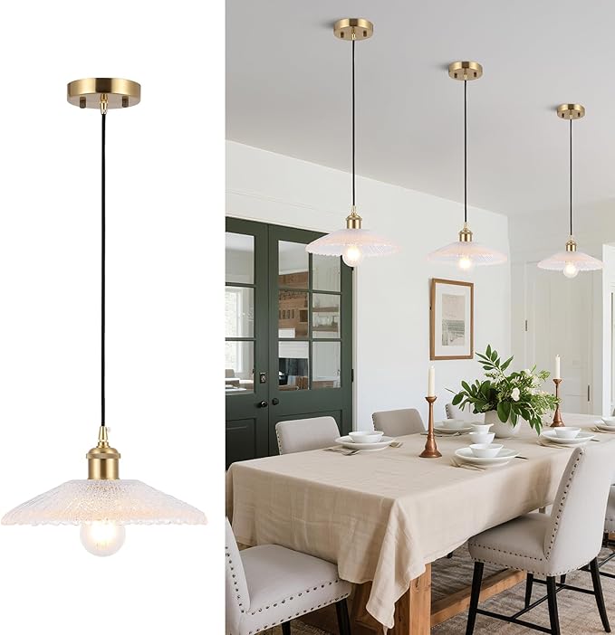 Modern Large Pendant Light 11 Inches Water Ripple Clear Glass Shades Brushed Brass Gold Hanging Lamp Farmhouse Adjustable Ceiling Hanging Lights Kitchen Island Dining Room Bedroom