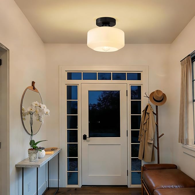 Lynnoland Industrial Semi Flush Mount Ceiling Light, Milky White Glass Shade Ceiling Light Fixture, Black Light Fixture for Hallway Bathroom Bedroom, Vintage Hanging Light Fixtures