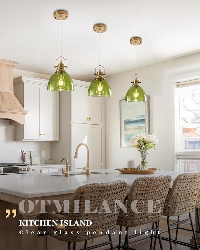 Farmhouse Pendant Lights Kitchen Island, 7.5 inch Green Glass Pendant Lights, Vintage Clear Pendant Light Fixtures 2-Pack, Modern Hanging Pendant Light for Kitchen Island, Bedroom, Bathroom