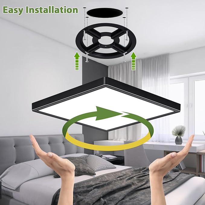 12 Inch 24W LED Flush Mount Ceiling Light Fixtures, 3000K/4000K/6000K Adjustable LED Ceiling Light, 2800LM Bright Flat Square Ceiling Light Fixture for Bedroom, Kitchen, Hallway (Black-6 Pack)