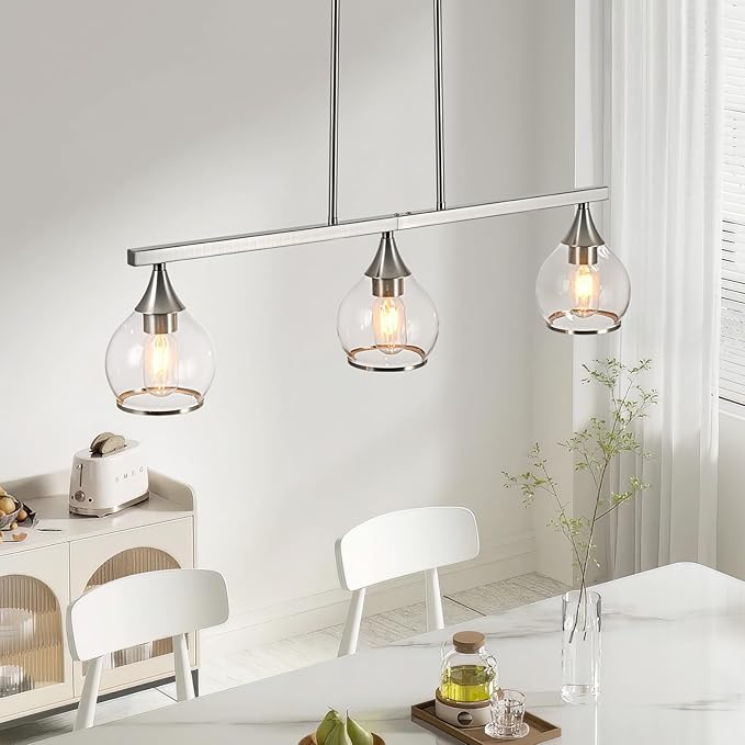 Island Light for Kitchen, 3-Light Brushed Nickel Island Pendant Lighting with Clear Round Glass Shades for Dining Table, Living Room