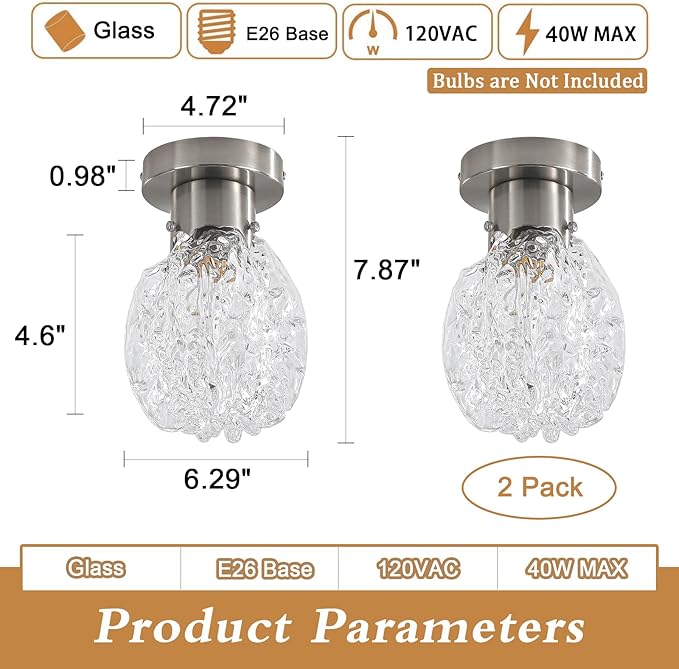 Vintage Glass Semi Flush Mount Ceiling Light Silver, 2 Pack Hammered Glass Hallway Ceiling Light Fixture, Small Close to Ceiling light for Living Room Bedroom Bathroom Kitchen Entryway with E26 Base