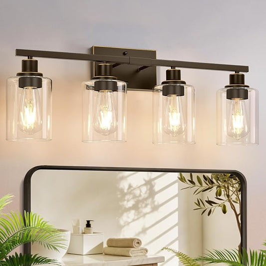 MOKATNG 4-Light Bathroom Light Fixtures, Vanity Light with Clear Glass Shades, Oil-Rubbed Bronze Bathroom Light Fixtures Over Mirror, Modern Bathroom Wall Lamp for Mirror Living Room Cabinet Bedroom
