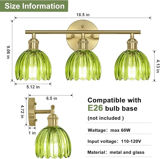 Vintage Bathroom Light Fixtures,3-Light Hardwired Vanity Lights with Green Tulip Glass Shade,Gold Bathroom Vanity Light for Mirror Restroom,E26 Socket,18.5 in(Bulbs Not Included)