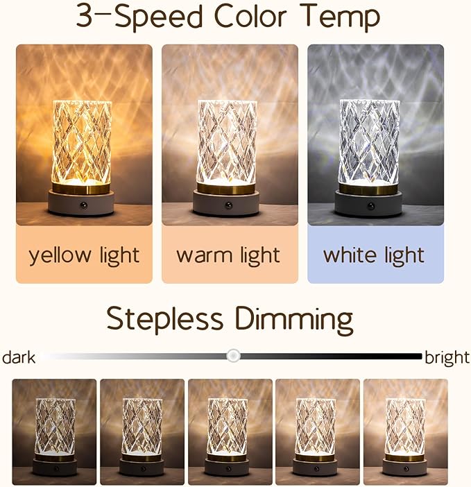 Crystal Table Lamp, Portable LED Bedside Lamp Touch Control, 3 Color Modes Dimmable, USB Rechargeable Night Light, Water Cup Design for Bedroom Living Room Home Decor