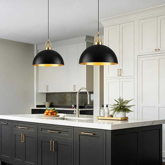 12'' Black Pendant Lights for Kitchen Island Lighting, 2-Pack Modern Farmhouse Industrial Dome Hanging Ceiling Pendant Lighting Fixture for Dining Room, Bar, Living Room