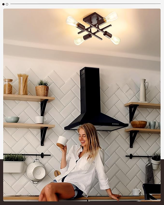 Industrial 4-Light Semi Flush Mount Ceiling Light Fixture, Modern Oil Rubbed Bronze Chandelier Lighting, Farmhouse Sputnik Ceiling Lamp with E26 Bulb Base for Living Room Hallway, 2 Pack