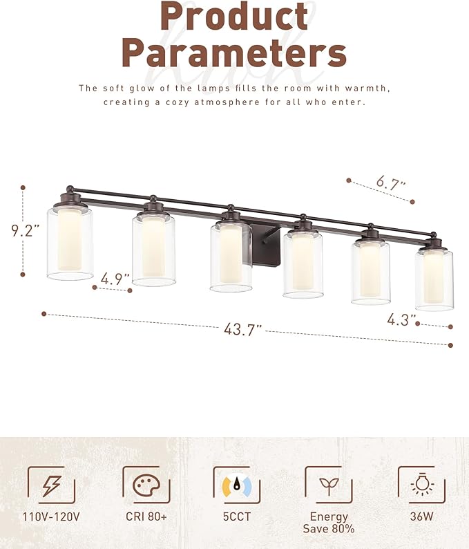 Bathroom Light Fixtures 6 Light, HWH Oil-Rubbed Bronze Vanity Light Over Mirror, 44 Inch Wall Lights with 36W 5CCT Dimmable LED, 5HLT63B-6W-LED ORB