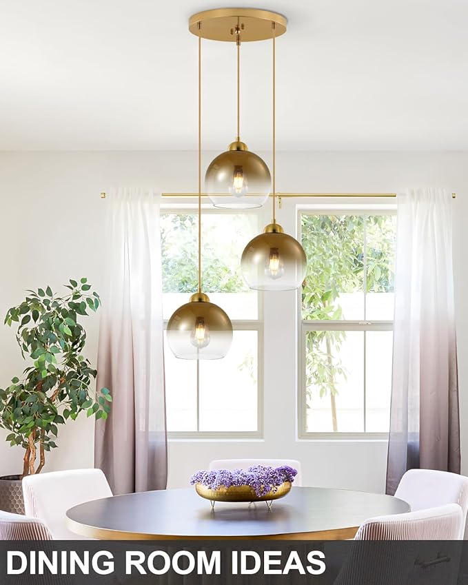 Modern Gradient Gold Glass Pendant Light,3-Light Globe Adjustable Hanging Pendant Light for Bedroom Kitchen Island Dining Room Stairwell