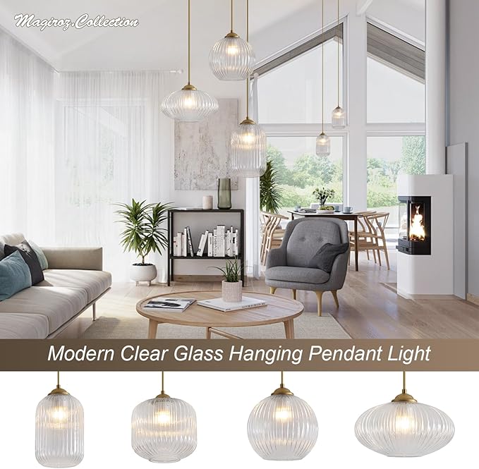 Modern Gold 1 Light Hanging Indoor Kitchen Island Pendant Light Large Single Brushed Brass Hanging Light Fixture Mid Century Clear Glass Globe Pendant Lighting for Dining Room Bedroom MPL30-C