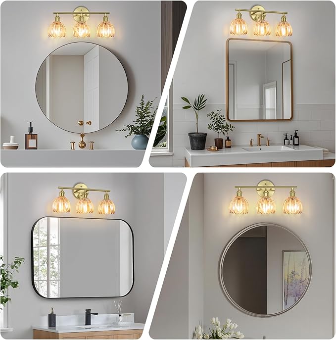 Vintage Bathroom Light Fixtures,3-Light Hardwired Vanity Lights with Amber Tulip Glass Shade,Gold Bathroom Vanity Light for Mirror Restroom,E26 Socket,18.5 in(Bulbs Not Included)