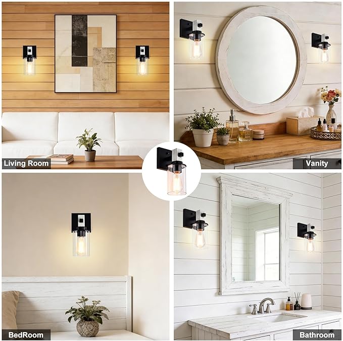 Rustic Wall Sconces,Hardwired 1-Light White Wood Farmhouse Sconce with Clear Glass Cylinder Shade,Matte Black Metal Wall Light,E26 Indoor Bathroom Vanity Fixture for Mirror,Bedroom,Hallway