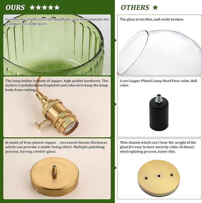Shenmoyl Pendant Light 2 Pack with Green Striped Glass Lmapshade, Brass Vintage Pendant Light Adjustable Hanging Light for Kitchen Island Dining Room Hallway