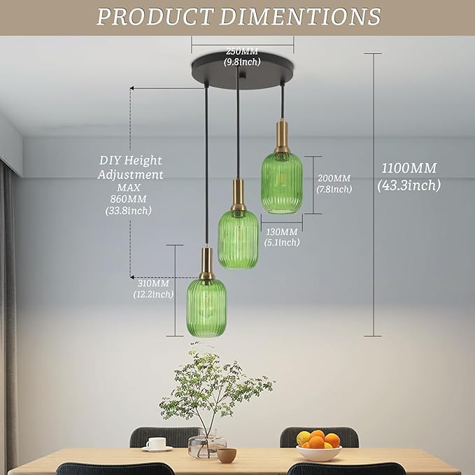 FRIXCHUR 3-Light Pendant, Mid Century Style Glass Shades with E26 Sockets, Adjustable Retro Pendant Light with Gold Accents, Ideal for Kitchen Islands and Living Rooms (Emerald)