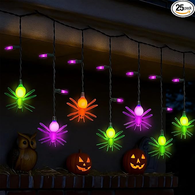 Halloween Spider String Lights Outdoor, 25 Mini Curtain String Lights with 10 Colorful Spider Lights, 7.5Ft Summerween Decoration Light for Window Patio Stair Halloween Decor