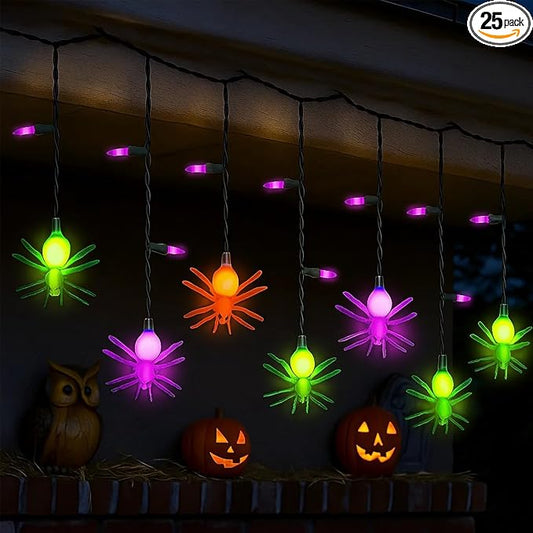 Halloween Spider String Lights Outdoor, 25 Mini Curtain String Lights with 10 Colorful Spider Lights, 7.5Ft Summerween Decoration Light for Window Patio Stair Halloween Decor