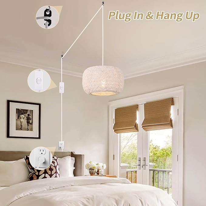 Plug in Pendant Light with Woven Rattan Lampshade, 12” Boho Hanging Lamp with 15FT Cord & On/Off Switch, E26 Socket, Ceiling Hook Installation for Bedroom Living Room Dining Nook Apartment