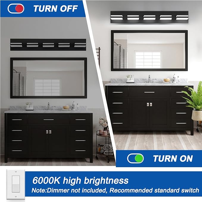 IZORRO LED Modern Bathroom Lights Fixtures(5-Light,Dimmable,360°Rotate),Matte Black Acrylic Wall Lighting,Vanity Lights for Bathroom Over Mirror - 6000k 30In （No Assembly Required）