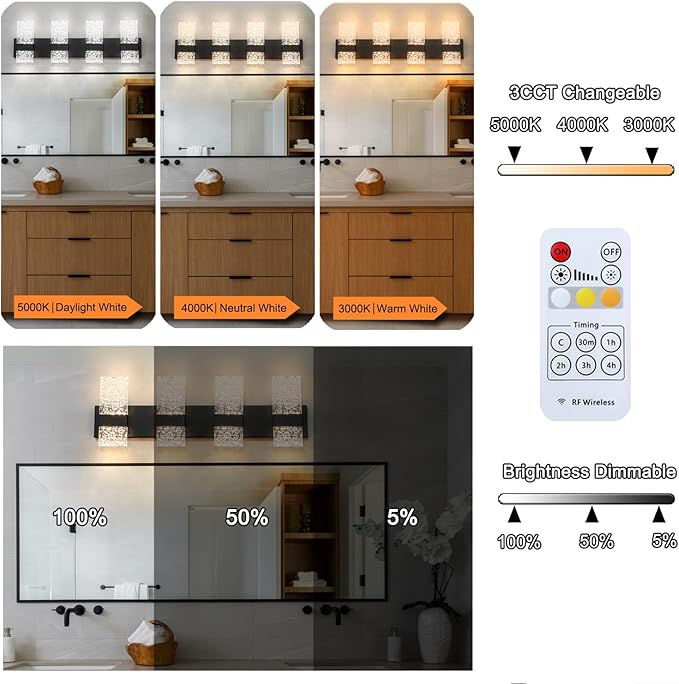 Modern Matte Black 8-Lights Bathroom Vanity Light, Eleglant LED Bathroom Light Fixtures Over Mirror, Dimmable Acrylic Shade Wall Lighting Fixtures, Hardwired Wall Light(H9.25in, L28.35in)
