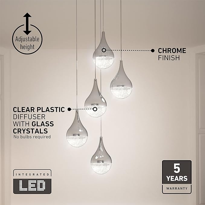 Artika PDT-5GL-RN Glitzer 5-LED Integrated Pendant Light Spiral, Silver, 5-Lights