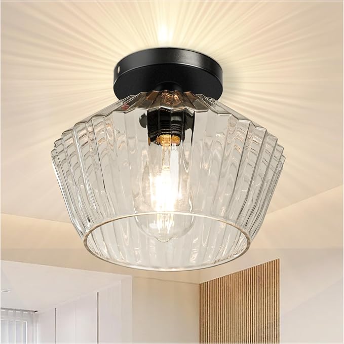 FRIDEKO HOME Semi Flush Mount Ceiling Light - Glass Hallway Lighting Fixtures Ceiling Black Ceiling Light Fixture for Hallway Bedroom Kitchen Bathroom Entryway (Black)
